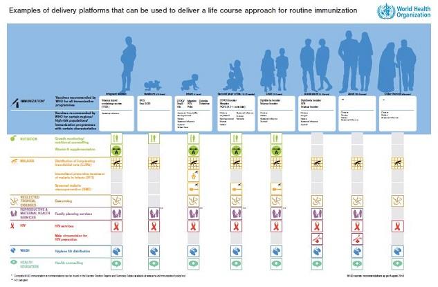 Examples of delivery platforms that can be used to deliver a life course approach for immunization