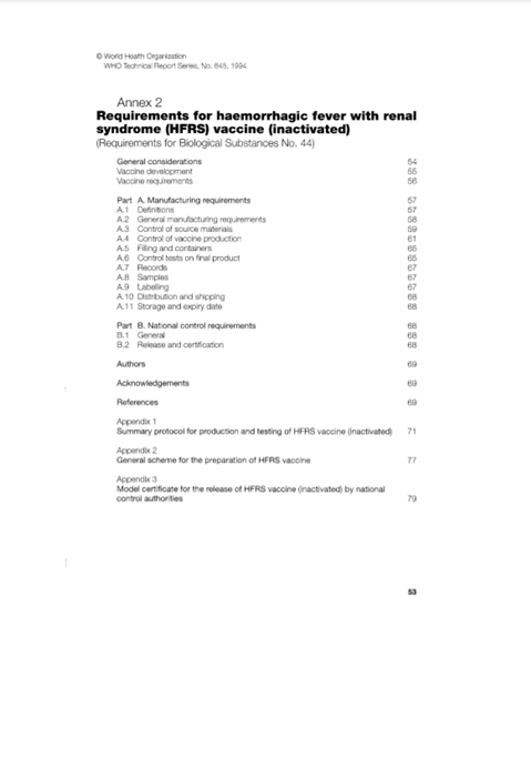 Requirements for Haemorrhagic Fever with Rental Syndrome (HFRS) vaccine (inactivated), Annex 2, TRS No 848